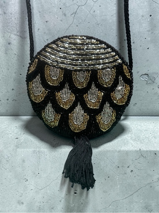 Handbags - Vintage 90s Black Gold Silver Beaded Tassel Round Mini Purse w/ Rope strap